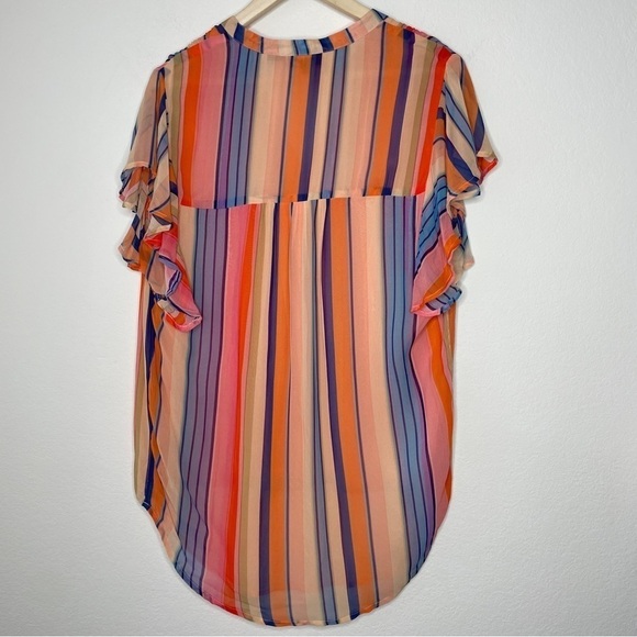 Tolani Multicolor Striped Ruffle Short Sleeve Top V Neck Round Hem Orange Blue - Picture 4 of 8